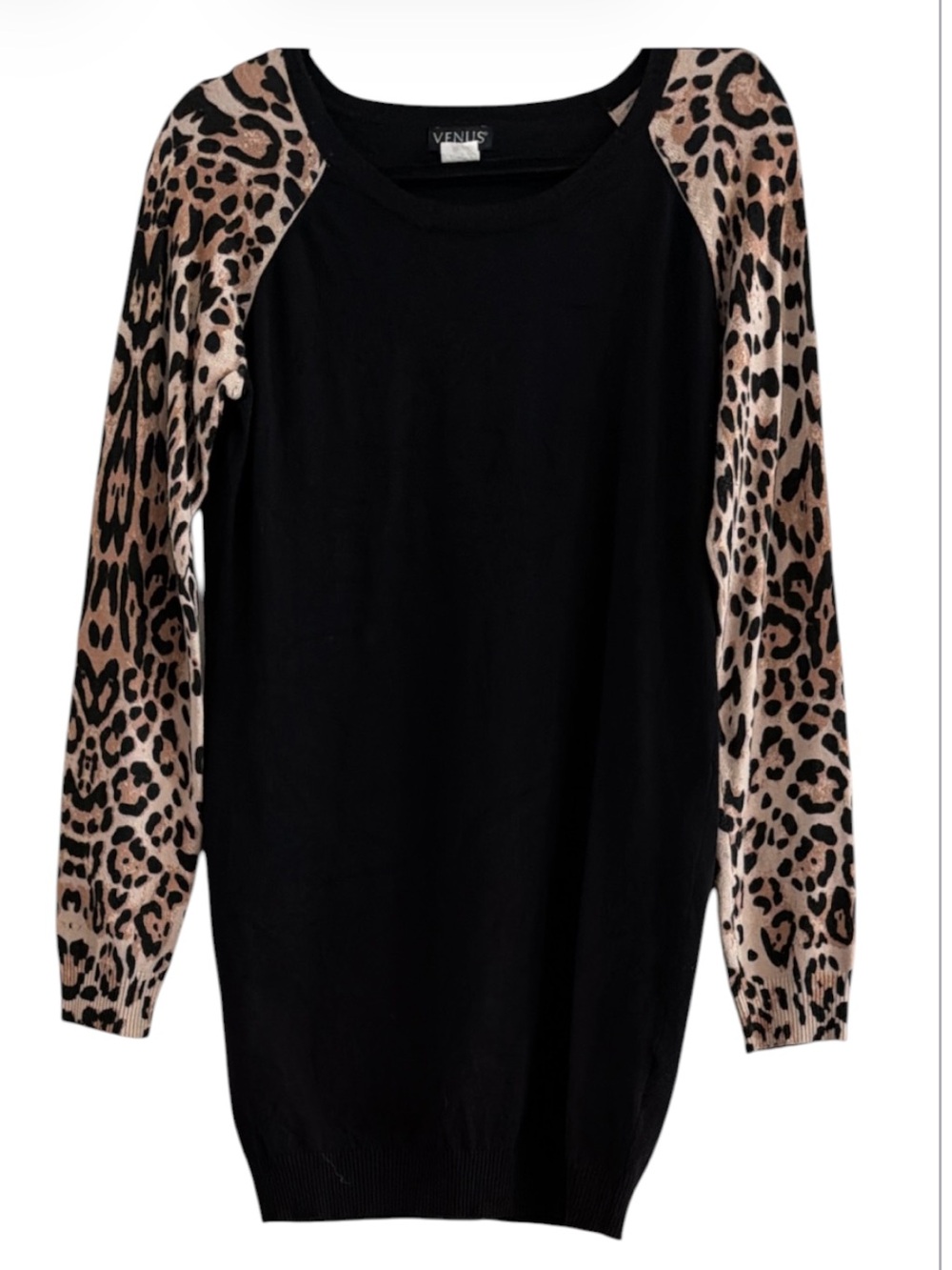 VENUS Black Leopard Print Sleeve Knit Sweater Pullover Size L